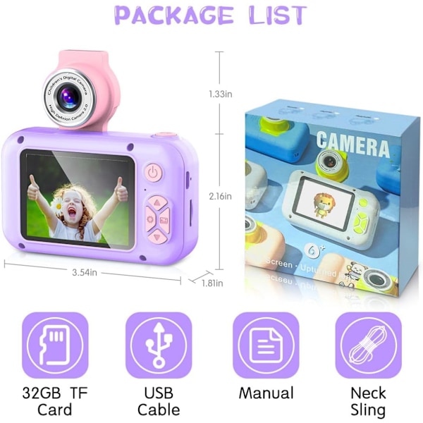 Barnkamera, Kamera för Barn, 2.4in IPS Skärm Digitalkamera, 180° Vridbar Lins Kamera, Barn Selfie Kamera med Uppspelningsspel, Jul-/Födelsedagspresent Purple