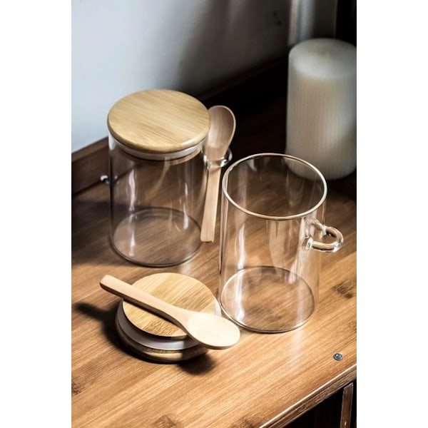 Förvaringsburk i glas med bambulock, 450 ml lufttät matbehållare med sked för overnight oats, salt, socker, kryddor, te, 1-pack