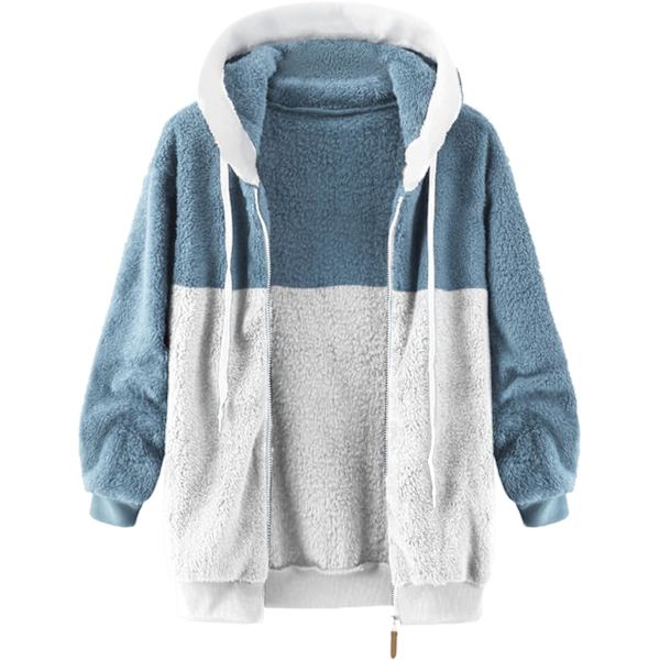 Hættejakke til kvinder, Teddy Fleece-frakke, overgangsjakke med hætte og lommer, lynlås, efterår, vinter, plysjakke, fleecejakke, vinter L F Blue