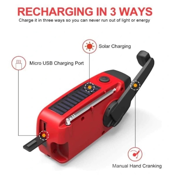 Svart/Röd Vevradio med Solcell, Ficklampa och 2000mAh Powerbank Nödradio, Survival 200 red