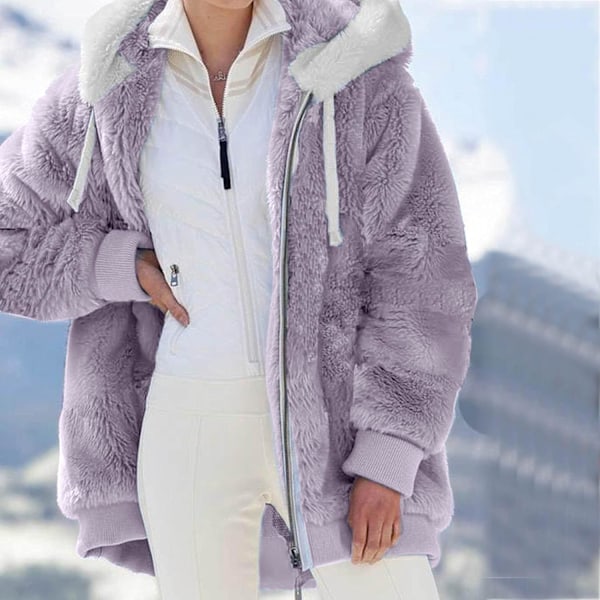 Hettejakke Dame Teddy Fleece Frakk Overgangsjakke med Hette med Lommer Glidelås Høst Vinter Plysj Jakke Fleece Jakke Vinter L A Purple