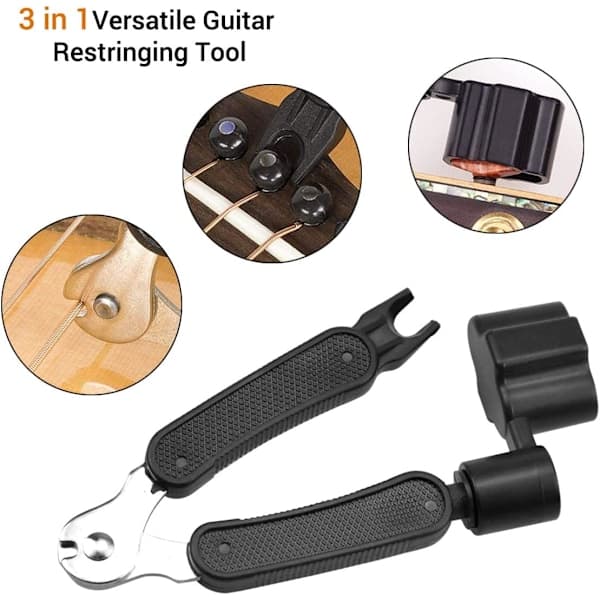 Gitarstrengviklerverktøy 3-i-1 Multifunksjonelt Gitarverktøy Strengkutter Gitarstrengstiftfjerner Gitarbrostiftfjerner (Svart)