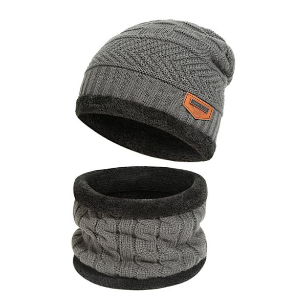 Vintervarm Hat Beanie Halsklæde Sæt Uld Strikket Beanie Vinter Beanie og Loop Halsklæde med Tykt Fleecefor til Mænd og Kvinder Grey