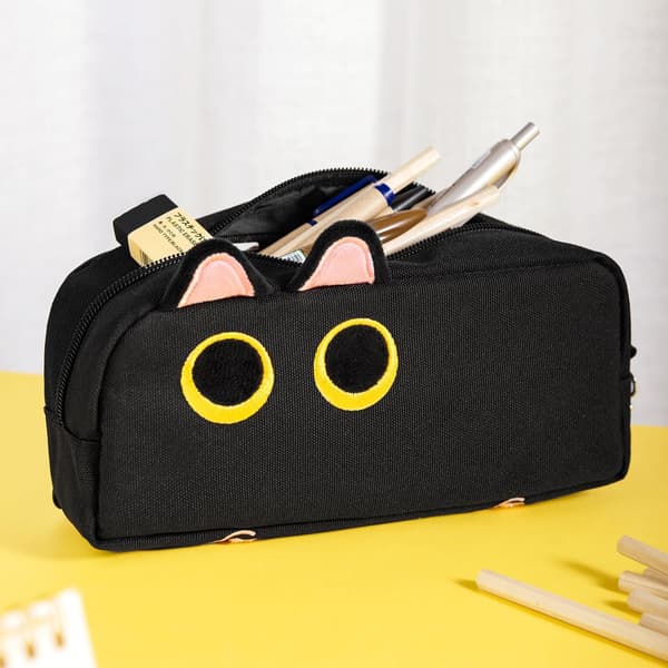 Stor kapacitet blyantsæske sort, 3D kat blyantpose blyantpose opbevaringspose egnet til kontor skole Mysterious Black Cat