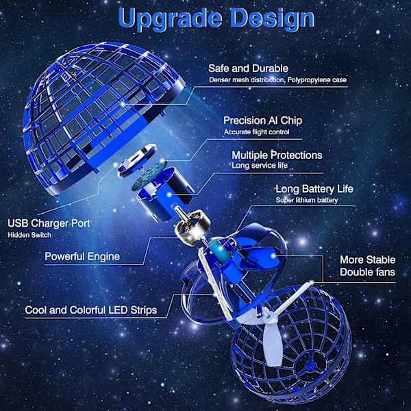 Päivitetty lentävä pallolelu, käsin ohjattava bumerangilelu, kosminen pallo lentävä pyörijä loputtomilla tempuilla Blue