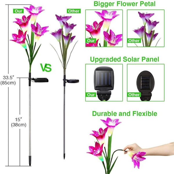 Aurinkokennovalaisin ulkokäyttöön, 8 liljaa (sininen ja violetti), monivärinen LED-aurinkospotti (sininen ja violetti) 2 kpl)