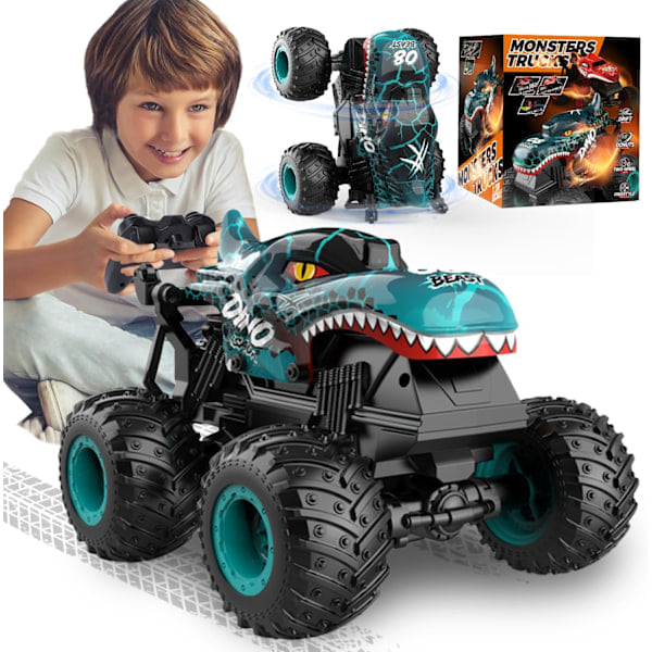 2.4GHz Fjernstyrt Monstertruck for Gutter, 1:20 Dinosaur Fjernstyrt Bil med Lys og Musikk, Fjernstyrt Stuntbil, 360° Rotasjon, Blå Blue