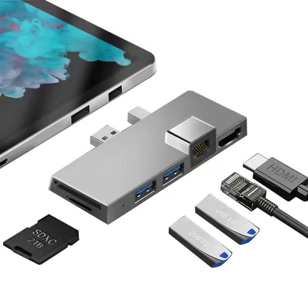 Dokkingstasjon for Surface Pro4/5/6 USB3.0 hub SD/TF 6in2 Sølv silver