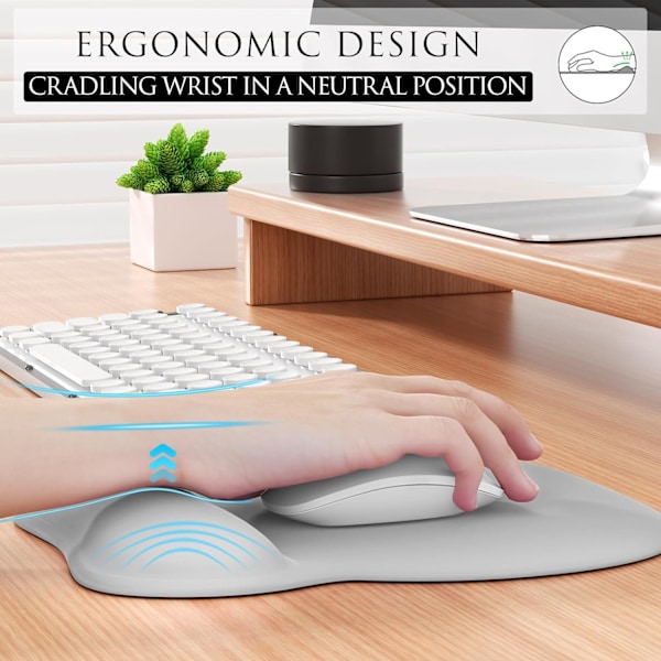 Ergonomisk musmatta med handledsstöd i minnesskum, bekväm datormusmatta för bärbar dator, smärtlindrande handledsstöd Pure Grey