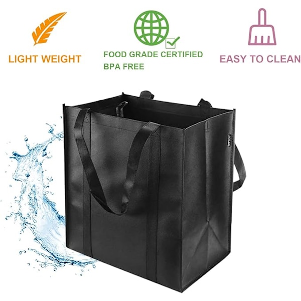 2 Stykker Sorte Genanvendelige Indkøbsposer, 38 x 33,5 x 25,5 cm, med Lille Krog, Velegnet til Indkøb, Picnic, Rejser, Strand, DIY, Reklame, Event black