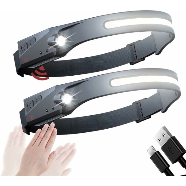 Vågavkännande COB-strålkastare, cykelljus för utomhusbruk, USB laddning (svart (vitt ljus) parat med 8 krokar) vit