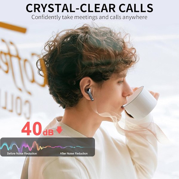 Ørepropper - Bluetooth 5.3 Hodetelefoner med 4 ENC Støyreduserende Mikrofoner - HiFi Stereo Dyp Bass - 40 Timers Spilletid In-Ear Øretelefoner - USB C Lading