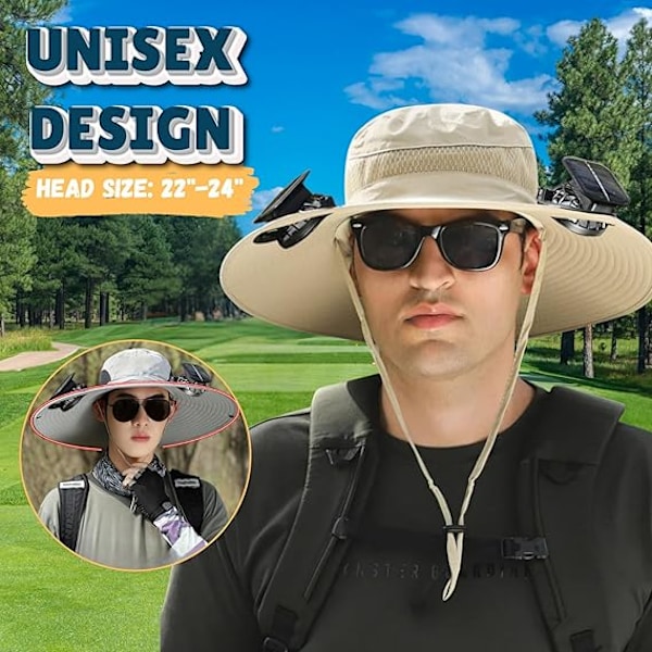 Bredbrättad Solhatt för Utomhusbruk med 2 Solfläktar, Solhatt för Män och Kvinnor UPF 50+, Fiske- & Strandhatt med Inbyggd Fläkt light Gray