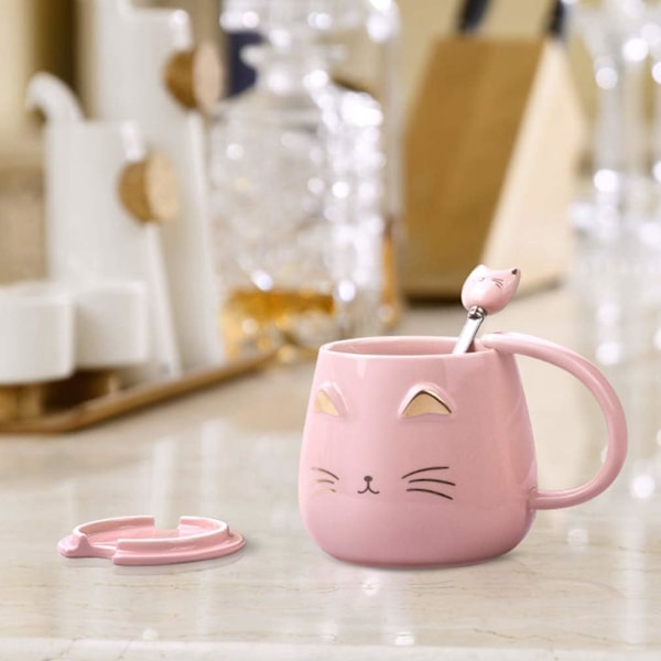 Kattekrus, sød kattekop i keramik med ske i rustfrit stål, sjov kaffekop til katteelskere, kvinder og piger Pink