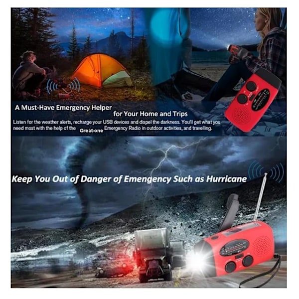 Svart/Röd Vevradio med Solcell, Ficklampa och 2000mAh Powerbank Nödradio, Survival 200 red
