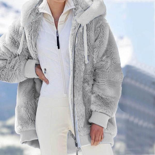 Hættejakke til kvinder, Teddy Fleece-frakke, Overgangsjakke med hætte og lommer, lynlås, efterår, vinter, plysjakke, fleecejakke, vinter 4XL D Grey