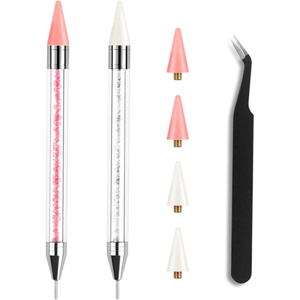 Rhinestone Plukke Verktøy 2 Akrylhåndtak Rhinestone Applikator Dobbelthode DIY Neglekunst Verktøy med 4 Ekstra Voks Tips og 1 Pinsett