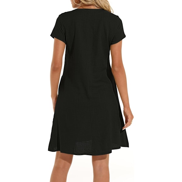 Damklänning Sommar Linneklänningar Casual V-ringad Midiklänning Kortärmad A-linjeklänning Solklänning Tunika Klänning Utan Tillbehör (Halsband ingår ej) A Black XL