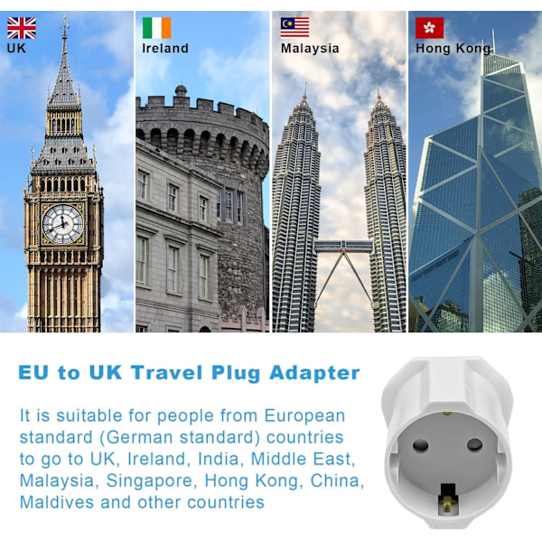 2 stk. UK til spansk G-pluggadapter, 2-pin europeisk til 3-pin britisk reiseadapter med barnesikringsfunksjon for Skottland, Irland, Maldivene, Dubai