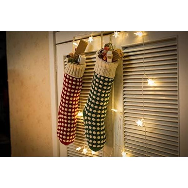 Julstrumpa, 45 cm Unik Burgunder och Grön Stickad Julstrumpa med Polka Dot-Stil (Längd 45 cm, 2-pack)