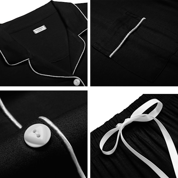 Dam Pyjamas Set Kortärmad Nattkläder Dam Knapp Ned Nattkläder PJ Set med Ficka XL Black
