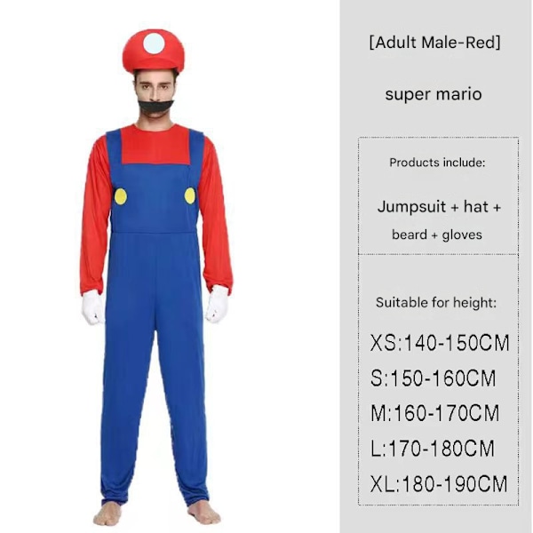 Super Mario Bros. Maskeradkostym för Vuxna Män Cosplay Kostym Röd XL Red XL