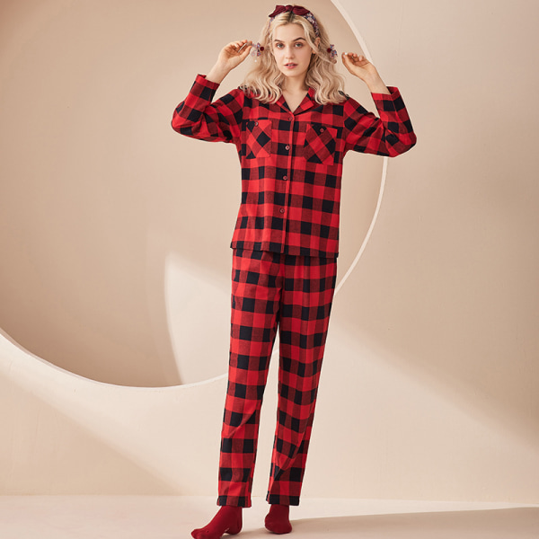 Røde og sorte par efterår og vinter ren bomuld kvinders pyjamas sæt kan bæres 2XL Women's 2XL