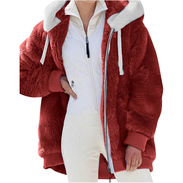 Hættejakke til kvinder Teddy Fleece Frakke Overgangsjakke med hætte med lommer lynlås efterår vinter plysjakke Fleecejakke vinter 4XL A Red