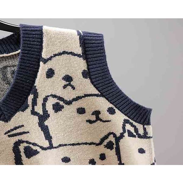 Dame Strikket Sweater Vest Ærmeløs Pullover Jumpers Kattemønster Sweatshirts til Vinter Efterår Forår Dark Blue