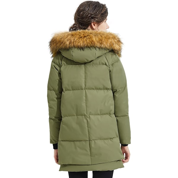 Kvinders Tykkelse Dunjakke Parka Hætte Lang Puffer Frakke til Vinter S Green+Fur Trim