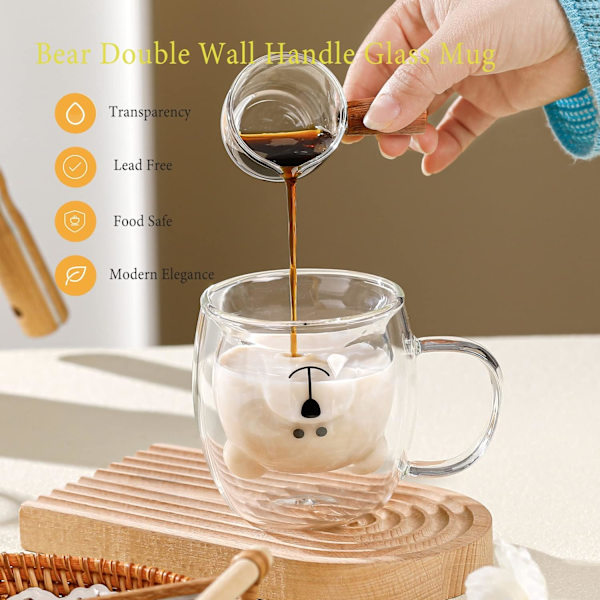 Bjørnekop Søde Krus til Kvinder Glas Dobbeltvægget Isoleret Glas Espresso Kop, Kaffe Kop, Te Kop, Mælkekop, Bedste Gave Bear With Handle