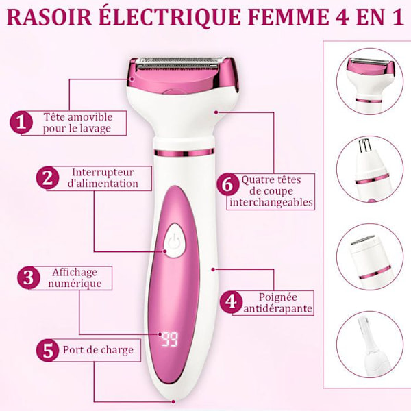 ®RisingFF Elektrisk barbermaskine til kvinder - 4 i 1 smertefri kropstrimmer til bikini, ansigt, øjenbryn, næse, armhuler - USB genopladelig