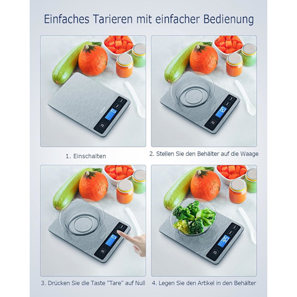 Matvekt 15 kg for matlaging og baking, elektrisk vekt med tarefunksjon, gram og oz, bakgrunnsbelyst LCD, 1 g/0,1 oz nøyaktighet Silver