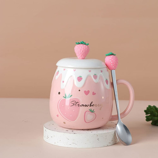 Söpö mansikkamuki, vaaleanpunainen kahvimuki, keraaminen kawaii-kuppi, aamutee, maito, hedelmäkuppi, suloinen kansi, ruostumatonta terästä rakastajille, tytölle, 500 ml (B) B