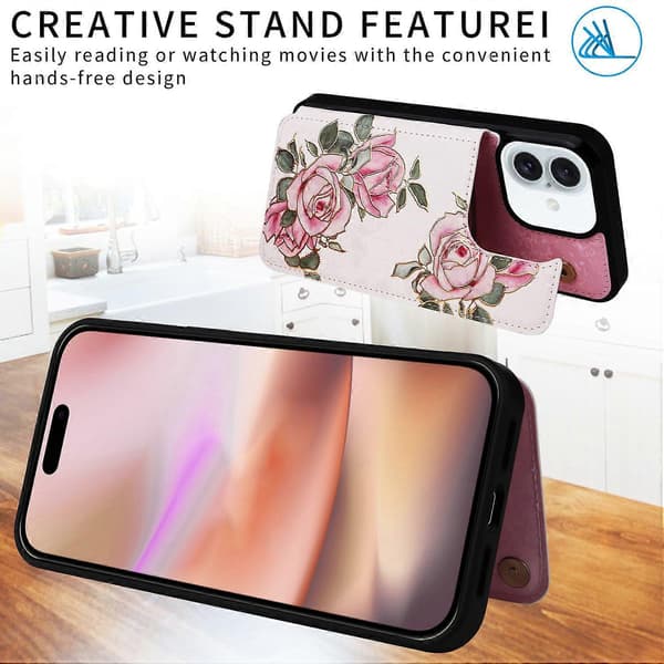 Kortholder Etui til iPhone 16 Plus Blomster Læder+TPU Telefon Cover RFID-blokering