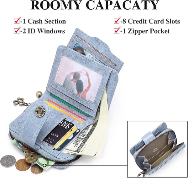 Plånböcker för kvinnor Äkta läder Liten Bifold Kompakt Damplånbok med RFID-skydd Light Blue