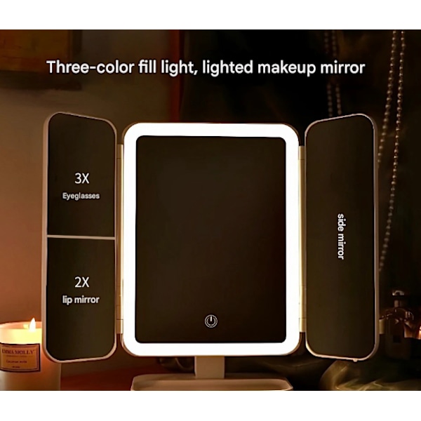 Opplyst Sminke Speil Toalettspeil - 3 Fargebelysningsmoduser 70 LED-er Tri-fold Speil, 1x/2x/3x Forstørrelse, Berøringskontroll Design, Bærbar HD Frosted right angle