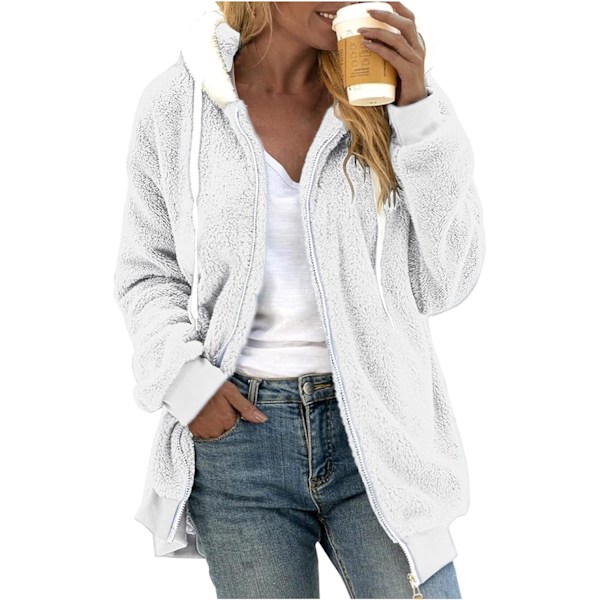 Hættejakke Dame Teddy Fleece Frakke Overgangsjakke med Hætte med Lommer Lynlås Efterår Vinter Plys Jakke Fleece Jakke Vinter 4XL D White