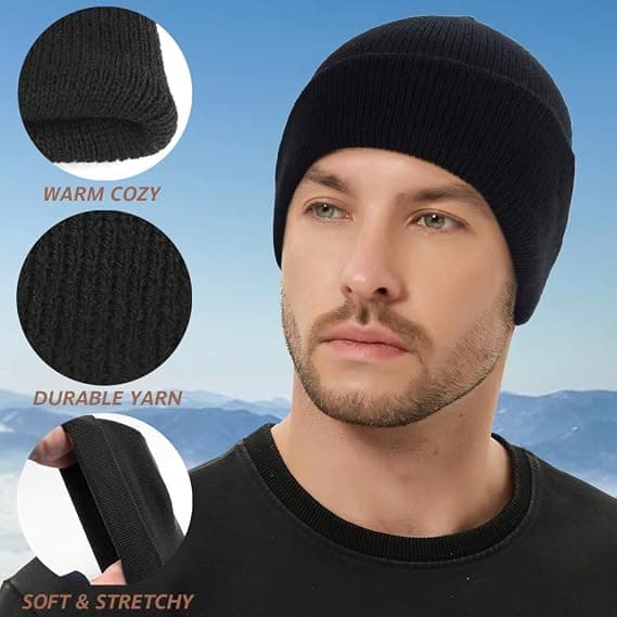 Manchet Beanie Hat, 2-Pack Unisex Klassisk Slouch Strikhue Elastisk Blød Tyk Varm Vinter Daglig Skull Cap Watch Cap