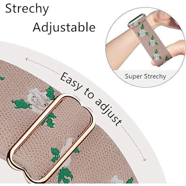 Blomster Sportbånd Kompatibel med Apple Watch, Kvinders Elastisk Vævet Nylon Enkelt Loop Broderet Blomsterprint Urrem til Flere Serier Green leaves, red roses, black 42/44/45/49mm