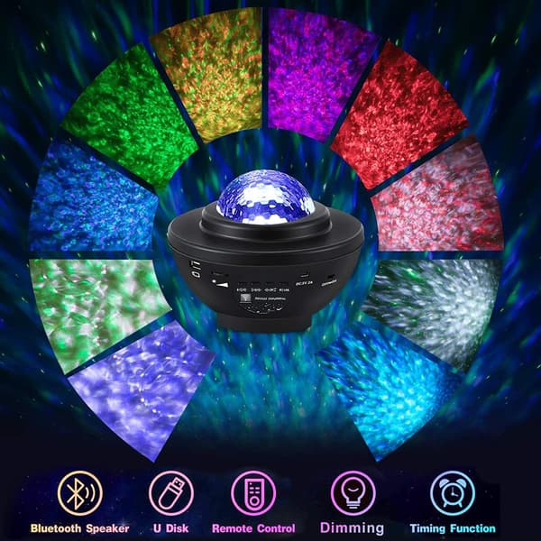 LED-projektor, stjernehimmel-lys, bølgeeffekt-høyttaler med Bluetooth