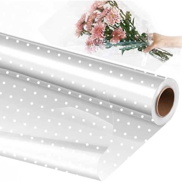 Cellofanomslagsrulle 40 cm bred och 30 m lång, livsmedelssäker genomskinlig plastfolie (vit prick)