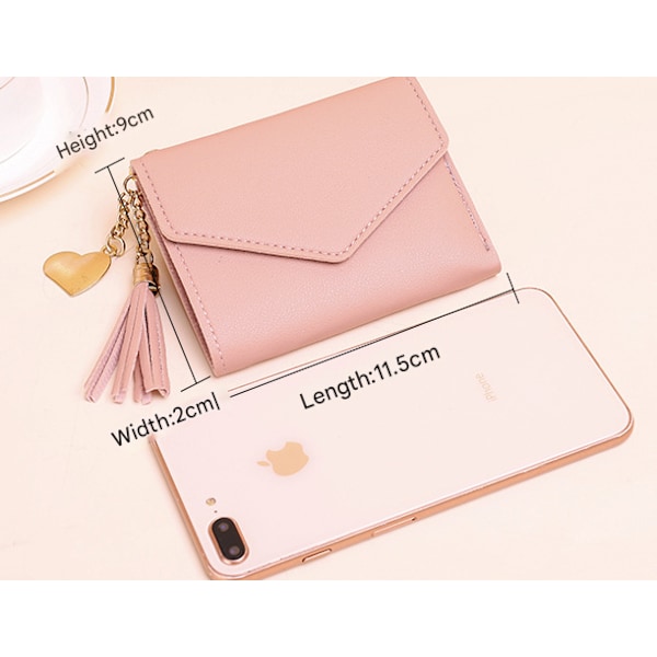Plånbok för kvinnor, läder, multi-kort, liten plånbok med tofsar, tredelad plånbok, kortfodral, myntplånbok Light Pink Short