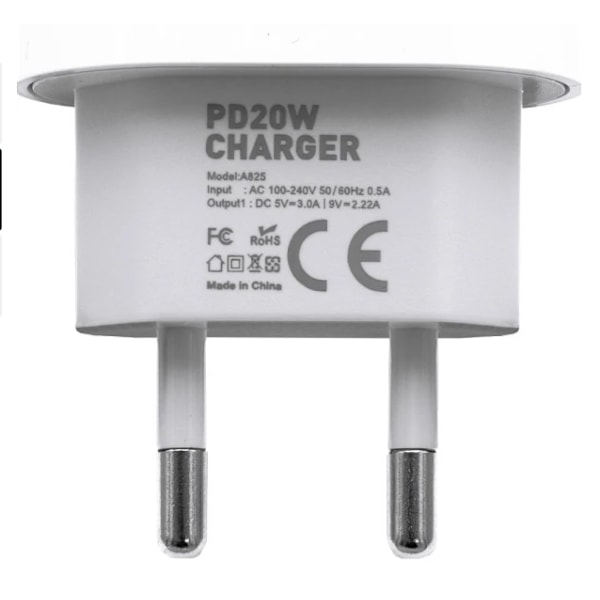 iPhone Lader - Hurtiglader Hode + Kabel 20W USB-C + EU til US Adapter, Hvit 2-Pakning (med Oppbevaringspose for Lader)