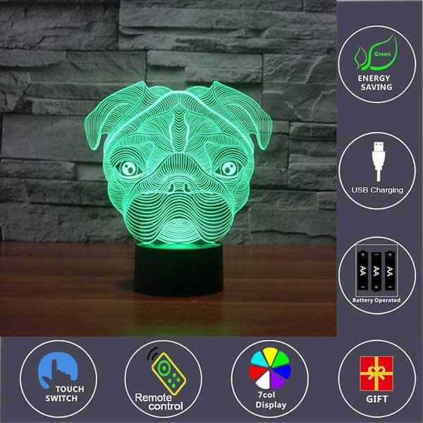 3D optisk illusion mops hund sensor nattlampa med smart to