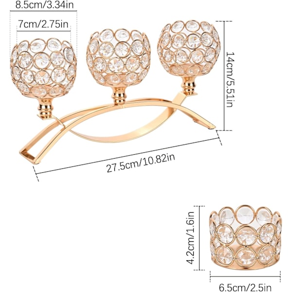 Gull krystall lysestaker dekorative kandelaber 3 armer med 3 stk telysestaker for bryllupssenterstykker