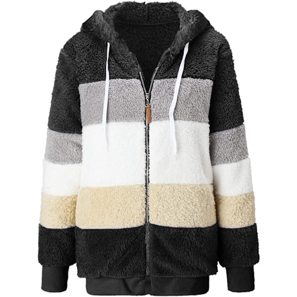 Hættejakke til kvinder, Teddy Fleece-frakke, Overgangsjakke med hætte og lommer, lynlås, efterår, vinter, plysjakke, fleecejakke, vinter XL J Black