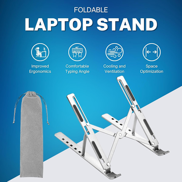 Justerbar Laptop Riser med Oppbevaringspose, Sklisikre Silikonputer, 6 Øyehøyder, 10\" til 15.6\", Aluminiumsstativ, Sammenleggbar Laptop Holder