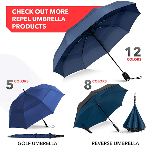 Repel Paraply Vindtætte Rejseparaplyer til Regn - Nem Automatisk Åbning og Lukning, Holdbar & Kompakt Paraply, Stærk Glasfiberramme, Vandtæt Kaleche Navy Blue