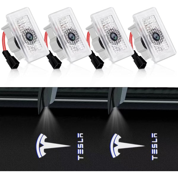 4 stk. Tesla Puddle Lights Billedørlys Logo Projektor, Ultra-Light LED 3D Laser Ghost Shadow Light, Invitation Lights til Model 3 YSX Tilbehør